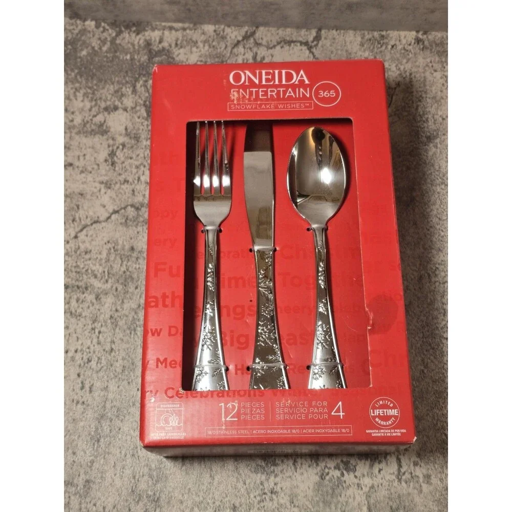 Oneida Snowflake Wishes Holiday Design 12Pc Stainless Flatware Set Service for 4